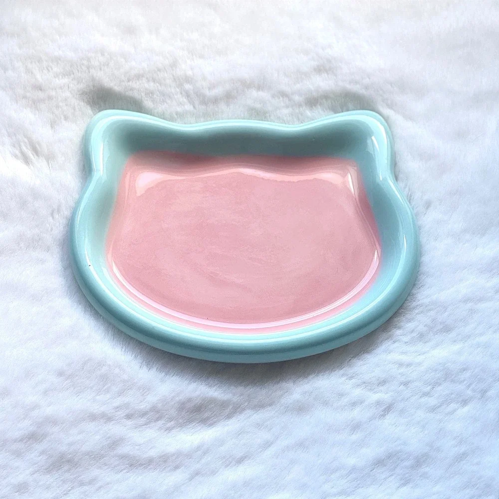 New Small Ceramic Cat Plate Whisker Fatigue Friendly‎ Pastel Pink Blue Pet Dish